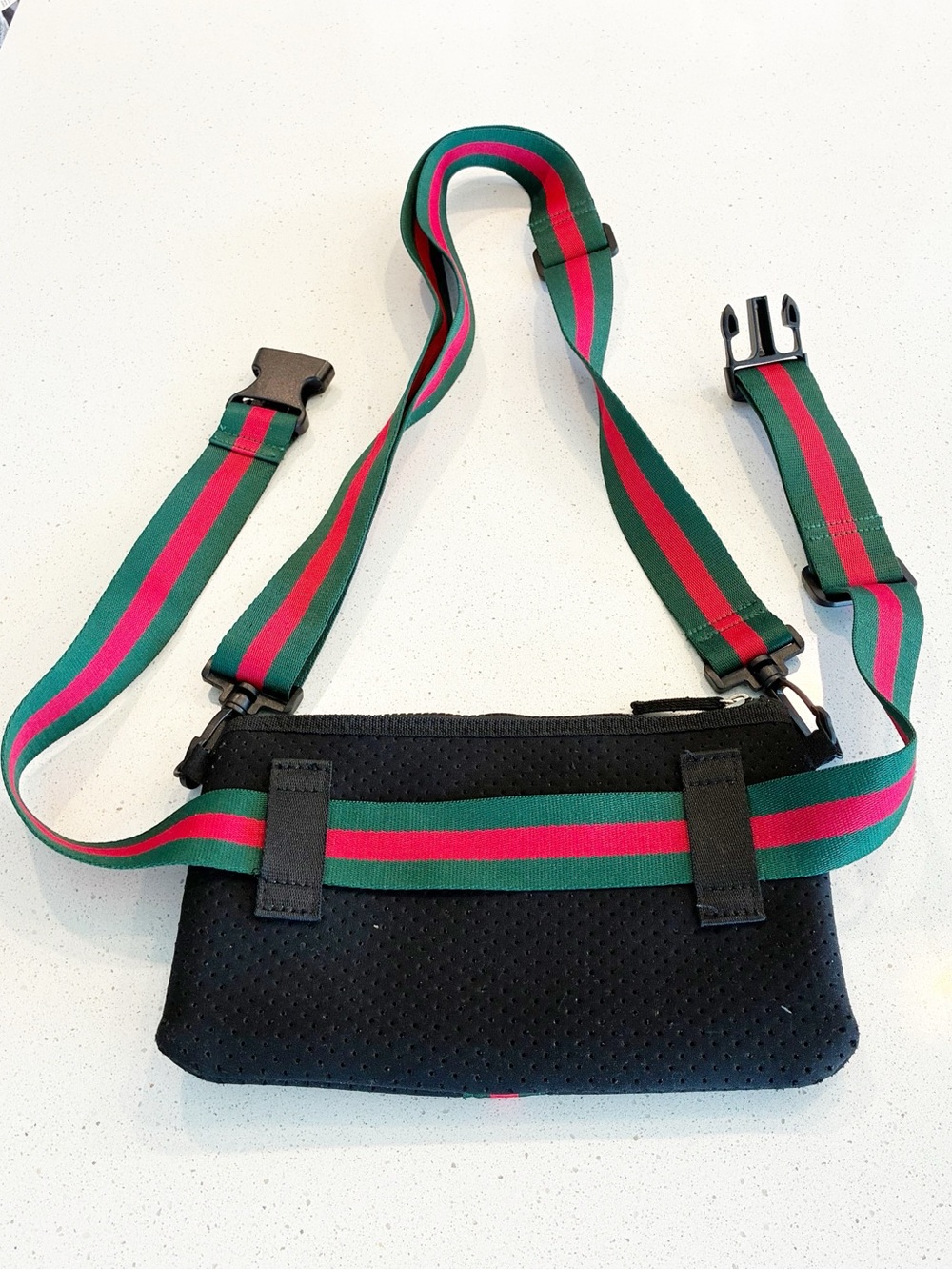 Black Crossbody Neoprene Pouch with Green and Red Stripe Adjustable Strap - Picture 3 of 15